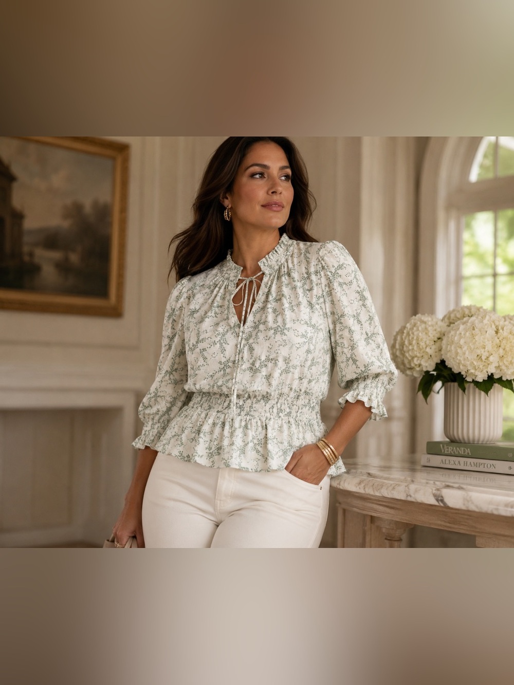 MELLODAY Sage Floral Peplum Blouse NWT